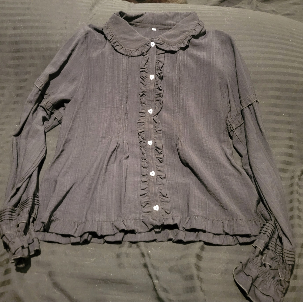 Black Cuffed Sleeve Blouse with Peter Pan Collar